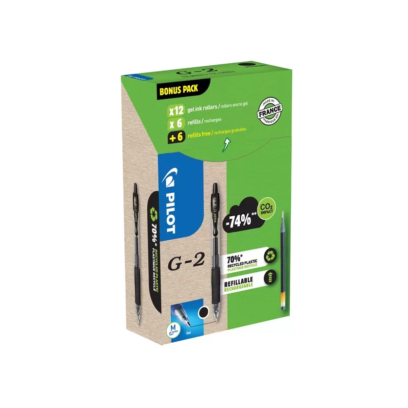 Green pack 12penne + 12 refill roller gel scatto G-2 0,7mm nero PILOT