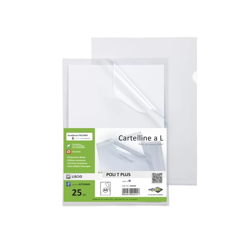 25 Cartelline a L in PP trasparente alto spessore 22x30cm Poli T Plus Sei rota