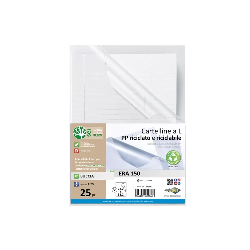 Conf 25 cartelline a L in PP riciclato buccia A4 ERA 150 Sei rota