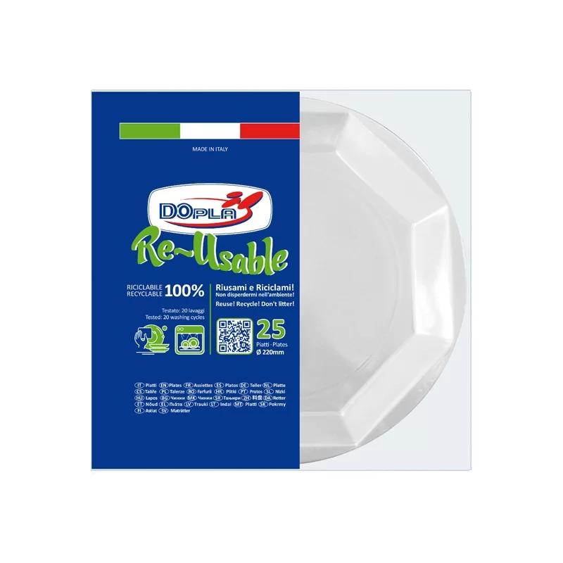 25 Piatti fondi Ø220mm in PS Reuse bianco Dopla