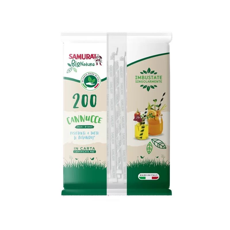 Conf. 200 Cannucce in carta imb. sing. 24cm nere e nere-bianche Samurai Party FUORI CATALOGO