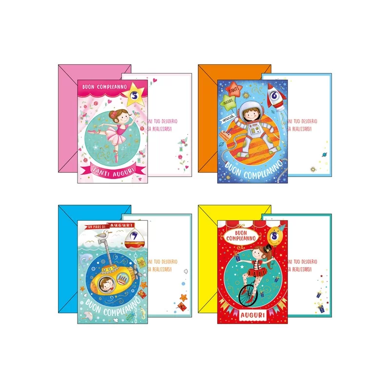 Biglietto Buon Compleanno c/ruota numerata tema bambini 4 soggetti ass. Kartos (Conf.12) FUORI CATALOGO