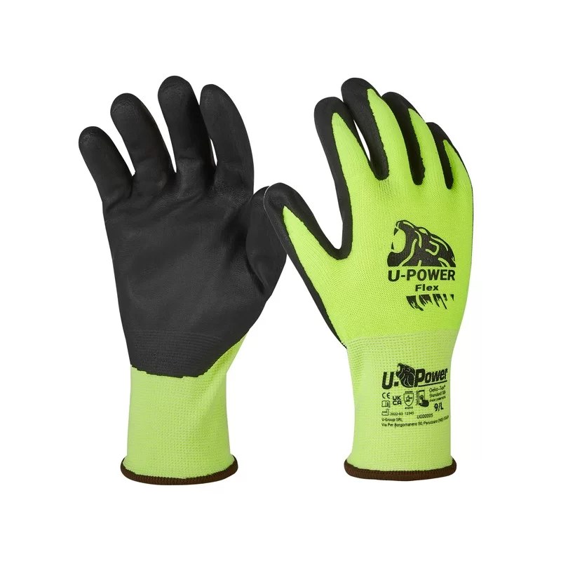 Guanti di protezione FLEX taglia 08 verde fluo nero c/polsino giallo U-Power (Conf.12)