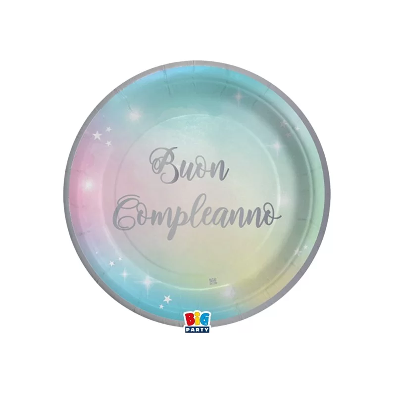 8 piatti Ø24cm Buon Compleanno Soft Rainbow Big Party